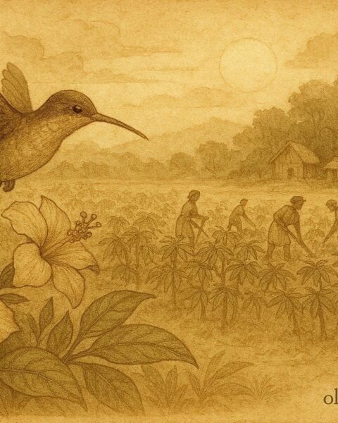 A hummingbird near cassava fields in a Taíno Caribbean folktale scene.