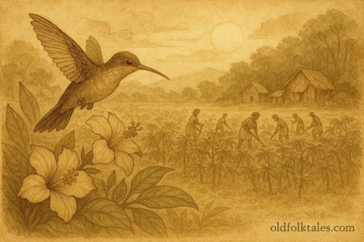 A hummingbird near cassava fields in a Taíno Caribbean folktale scene.