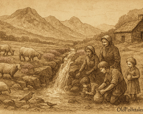 A sepia-toned illustration on aged parchment depicts a restored Highland glen where villagers joyfully gather around a flowing spring. In the foreground, a woman kneels to fill a clay jug, while a young boy cups his hands to drink and an older woman watches with a gentle smile. A young girl stands nearby holding a small vessel. The spring gushes from a rocky outcrop, forming a clear stream that winds through the scene. Sheep and a cow drink peacefully, and birds perch and sip from the water. The background features rolling hills covered in purple heather and rugged mountains beneath a lightly clouded sky. A stone cottage with a thatched roof sits quietly to the side, its door ajar. The image is rendered in fine cross-hatching and stippling, evoking warmth, renewal, and the timeless spirit of Highland folklore.