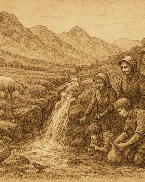 A sepia-toned illustration on aged parchment depicts a restored Highland glen where villagers joyfully gather around a flowing spring. In the foreground, a woman kneels to fill a clay jug, while a young boy cups his hands to drink and an older woman watches with a gentle smile. A young girl stands nearby holding a small vessel. The spring gushes from a rocky outcrop, forming a clear stream that winds through the scene. Sheep and a cow drink peacefully, and birds perch and sip from the water. The background features rolling hills covered in purple heather and rugged mountains beneath a lightly clouded sky. A stone cottage with a thatched roof sits quietly to the side, its door ajar. The image is rendered in fine cross-hatching and stippling, evoking warmth, renewal, and the timeless spirit of Highland folklore.