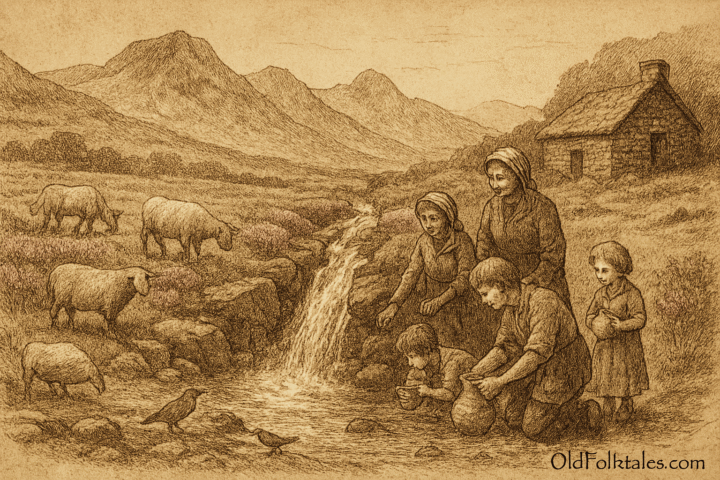 A sepia-toned illustration on aged parchment depicts a restored Highland glen where villagers joyfully gather around a flowing spring. In the foreground, a woman kneels to fill a clay jug, while a young boy cups his hands to drink and an older woman watches with a gentle smile. A young girl stands nearby holding a small vessel. The spring gushes from a rocky outcrop, forming a clear stream that winds through the scene. Sheep and a cow drink peacefully, and birds perch and sip from the water. The background features rolling hills covered in purple heather and rugged mountains beneath a lightly clouded sky. A stone cottage with a thatched roof sits quietly to the side, its door ajar. The image is rendered in fine cross-hatching and stippling, evoking warmth, renewal, and the timeless spirit of Highland folklore.