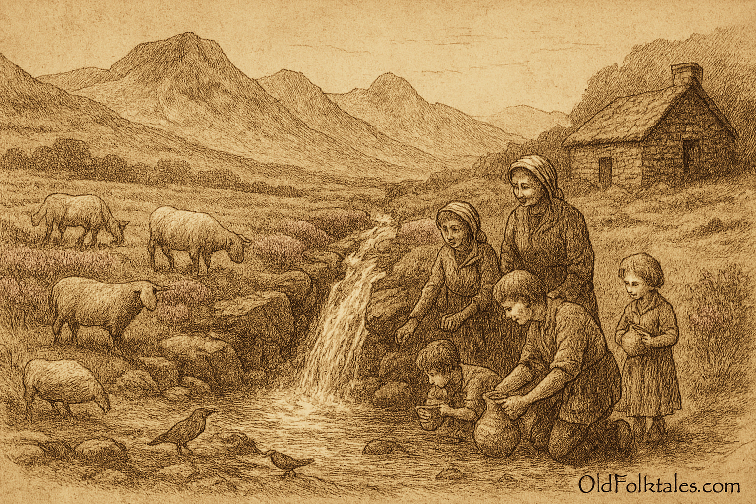 A sepia-toned illustration on aged parchment depicts a restored Highland glen where villagers joyfully gather around a flowing spring. In the foreground, a woman kneels to fill a clay jug, while a young boy cups his hands to drink and an older woman watches with a gentle smile. A young girl stands nearby holding a small vessel. The spring gushes from a rocky outcrop, forming a clear stream that winds through the scene. Sheep and a cow drink peacefully, and birds perch and sip from the water. The background features rolling hills covered in purple heather and rugged mountains beneath a lightly clouded sky. A stone cottage with a thatched roof sits quietly to the side, its door ajar. The image is rendered in fine cross-hatching and stippling, evoking warmth, renewal, and the timeless spirit of Highland folklore.