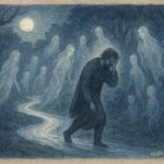 illustration of a man at the boundary of the spirit world, Innu folktale scene.