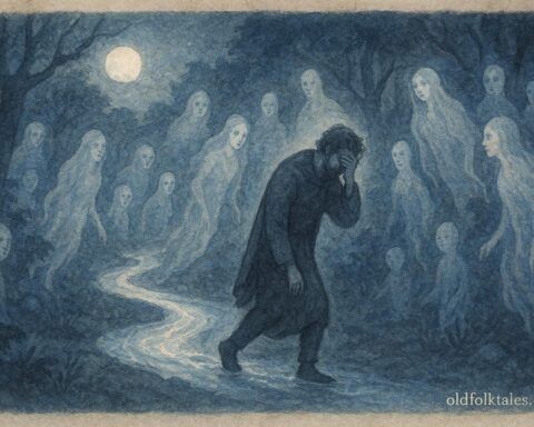 illustration of a man at the boundary of the spirit world, Innu folktale scene.