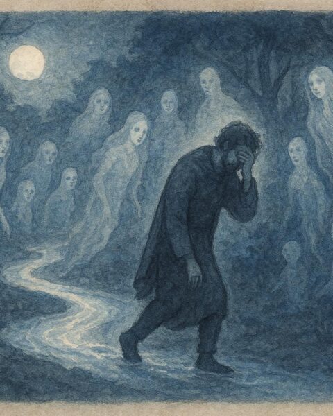 illustration of a man at the boundary of the spirit world, Innu folktale scene.