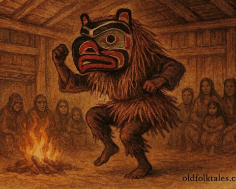 A ceremonial mask from Kwakwaka’wakw First Peoples folklore in Canada.