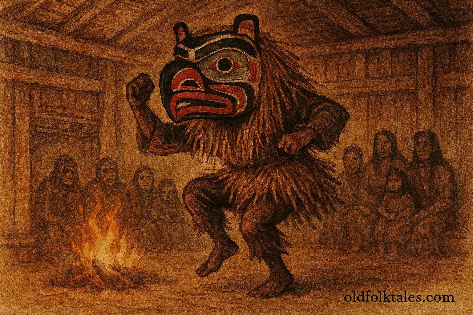 A ceremonial mask from Kwakwaka’wakw First Peoples folklore in Canada.