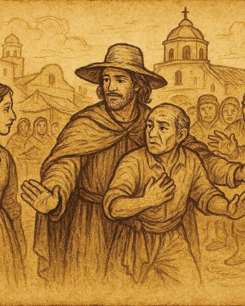 Parchment-style illustration of a stranger proving integrity in colonial Mexico.