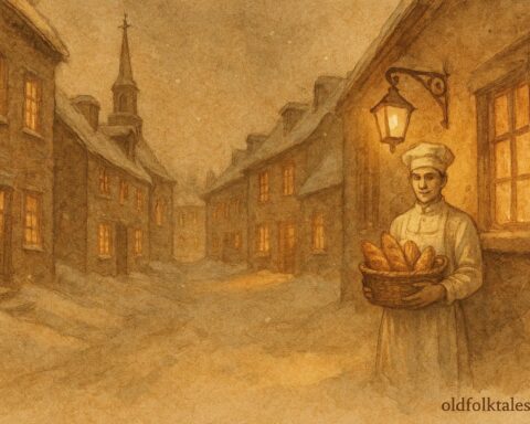 A mysterious baker offering bread at midnight in a Quebec town, French-Canadian folktale scene.