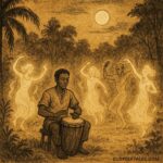 Parchment-style artwork of Taye drumming with glowing ancestral spirits, Afro-Caribbean folklore scene.
