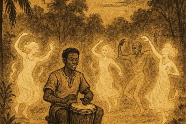 Parchment-style artwork of Taye drumming with glowing ancestral spirits, Afro-Caribbean folklore scene.