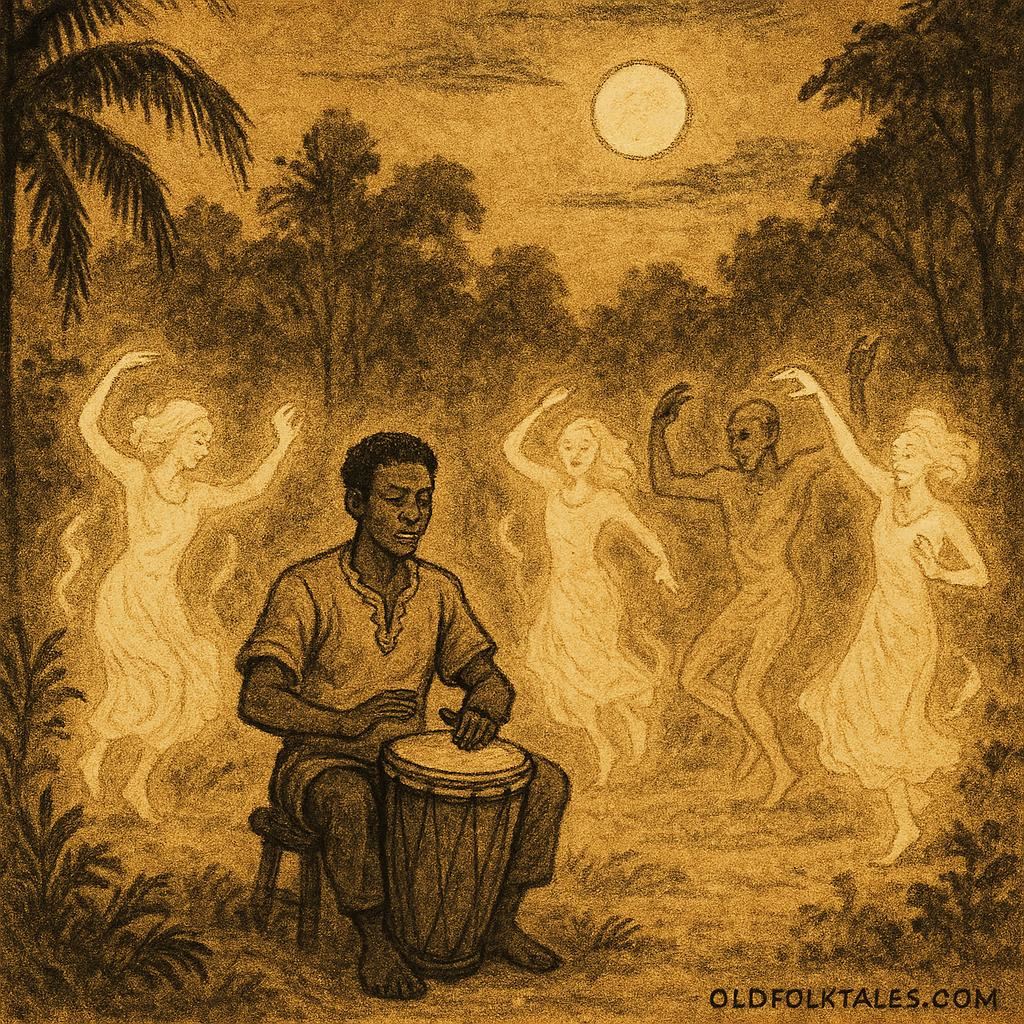 Parchment-style artwork of Taye drumming with glowing ancestral spirits, Afro-Caribbean folklore scene.
