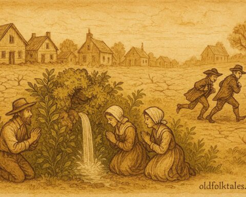Parchment-style illustration of a sacred fountain blessing humble villagers in colonial Mexico.