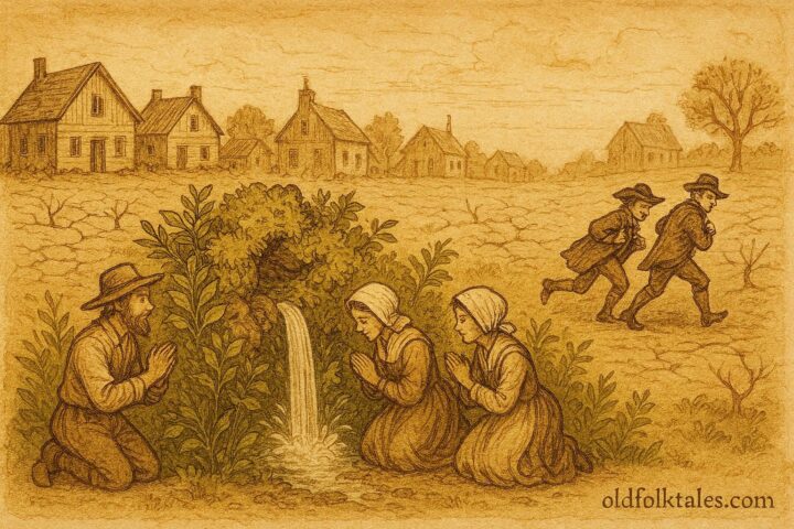 Parchment-style illustration of a sacred fountain blessing humble villagers in colonial Mexico.