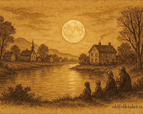Parchment-style illustration of moonlight reflecting on a river, Spanish Colonial folktale scene.