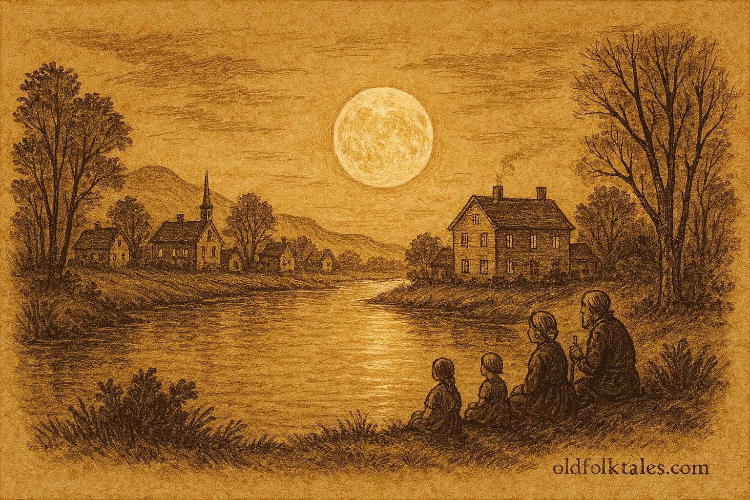Parchment-style illustration of moonlight reflecting on a river, Spanish Colonial folktale scene.