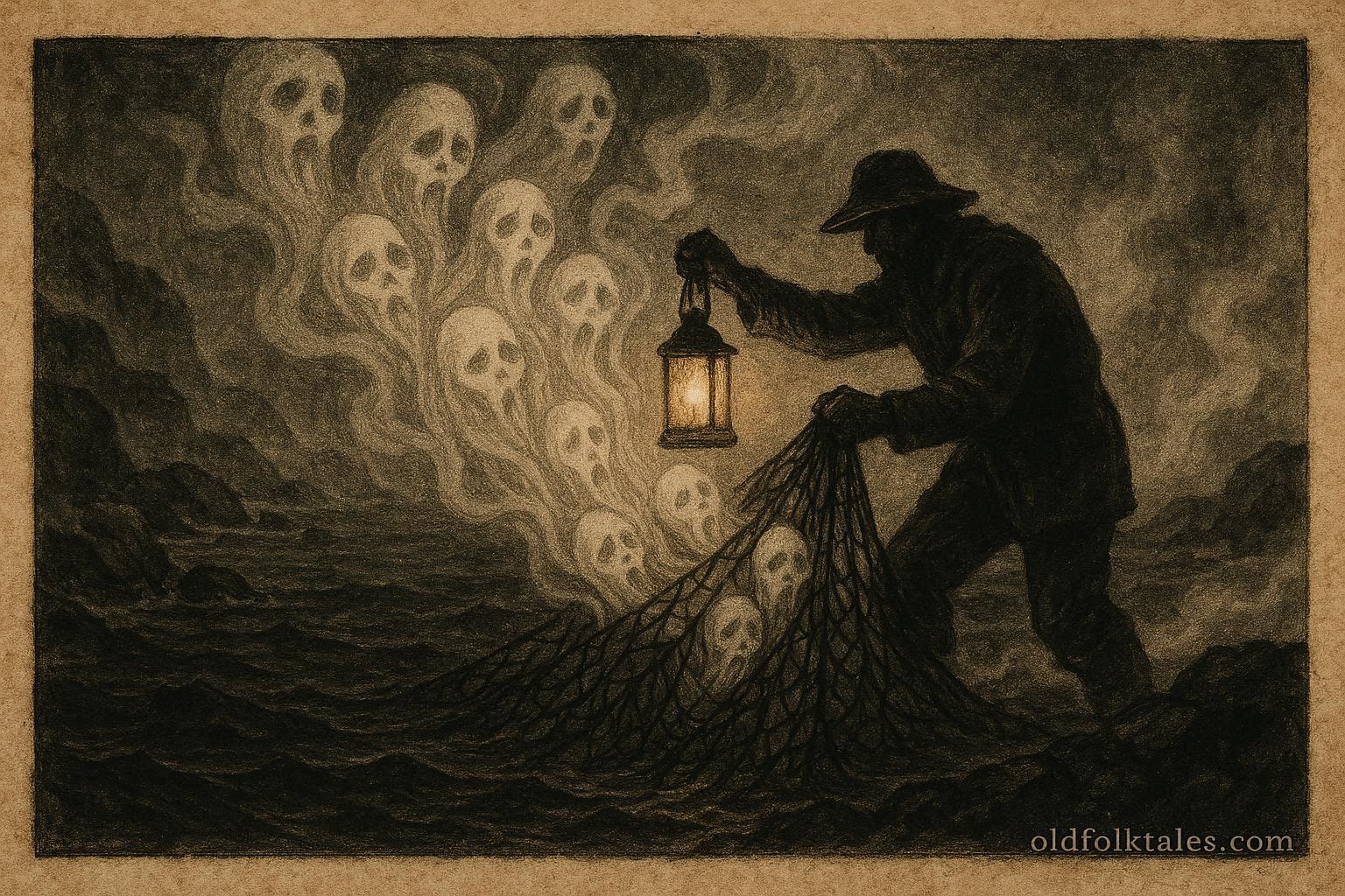 A haunted fishing net pulling ghostly voices from the sea, Newfoundland folklore.