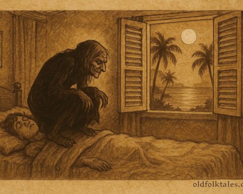 Parchment-style illustration of the Old Hag at night, Bahamian folklore scene.