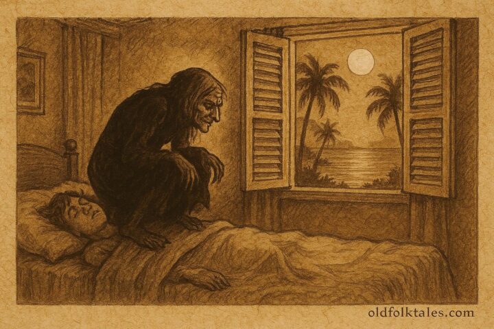 Parchment-style illustration of the Old Hag at night, Bahamian folklore scene.