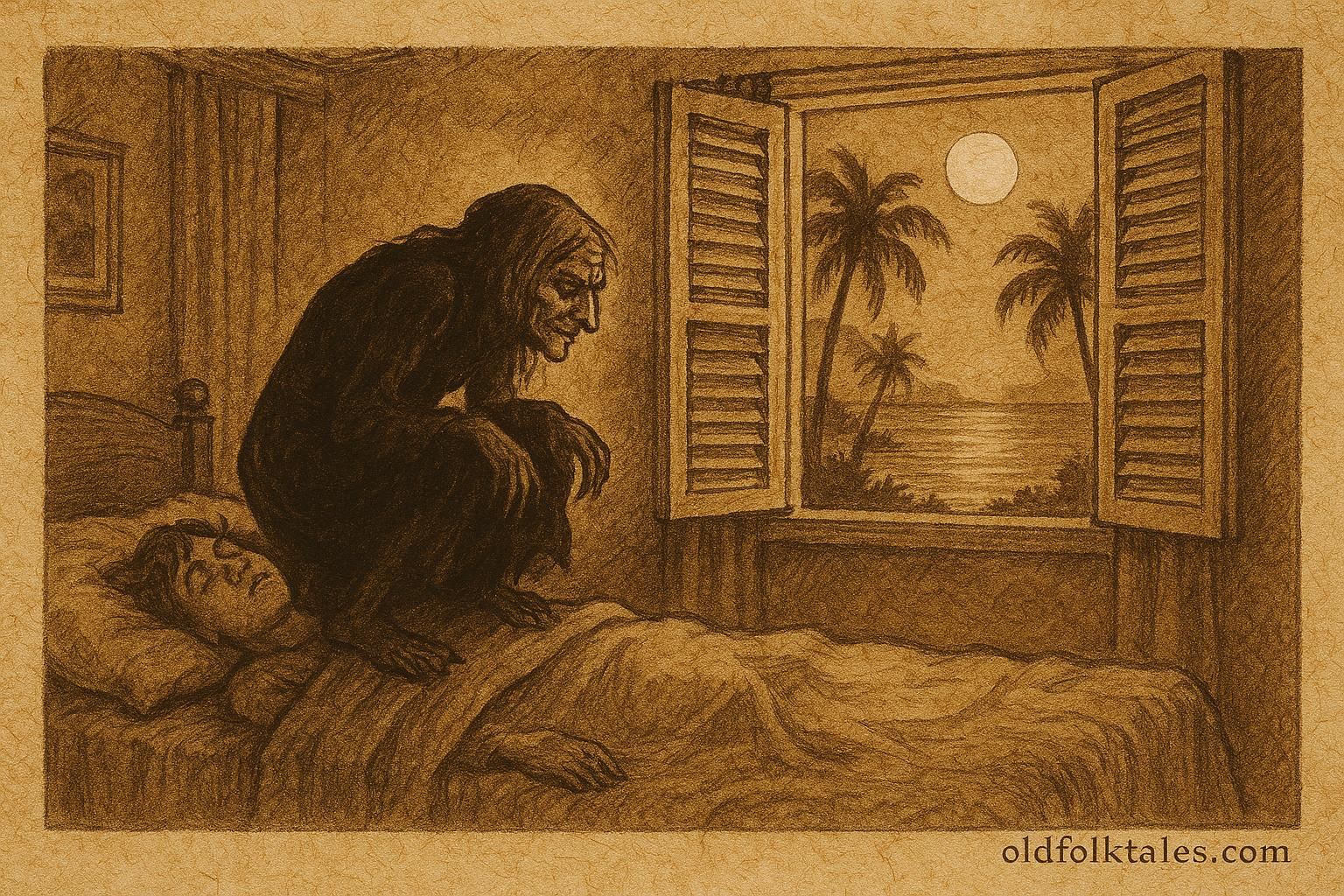 Parchment-style illustration of the Old Hag at night, Bahamian folklore scene.