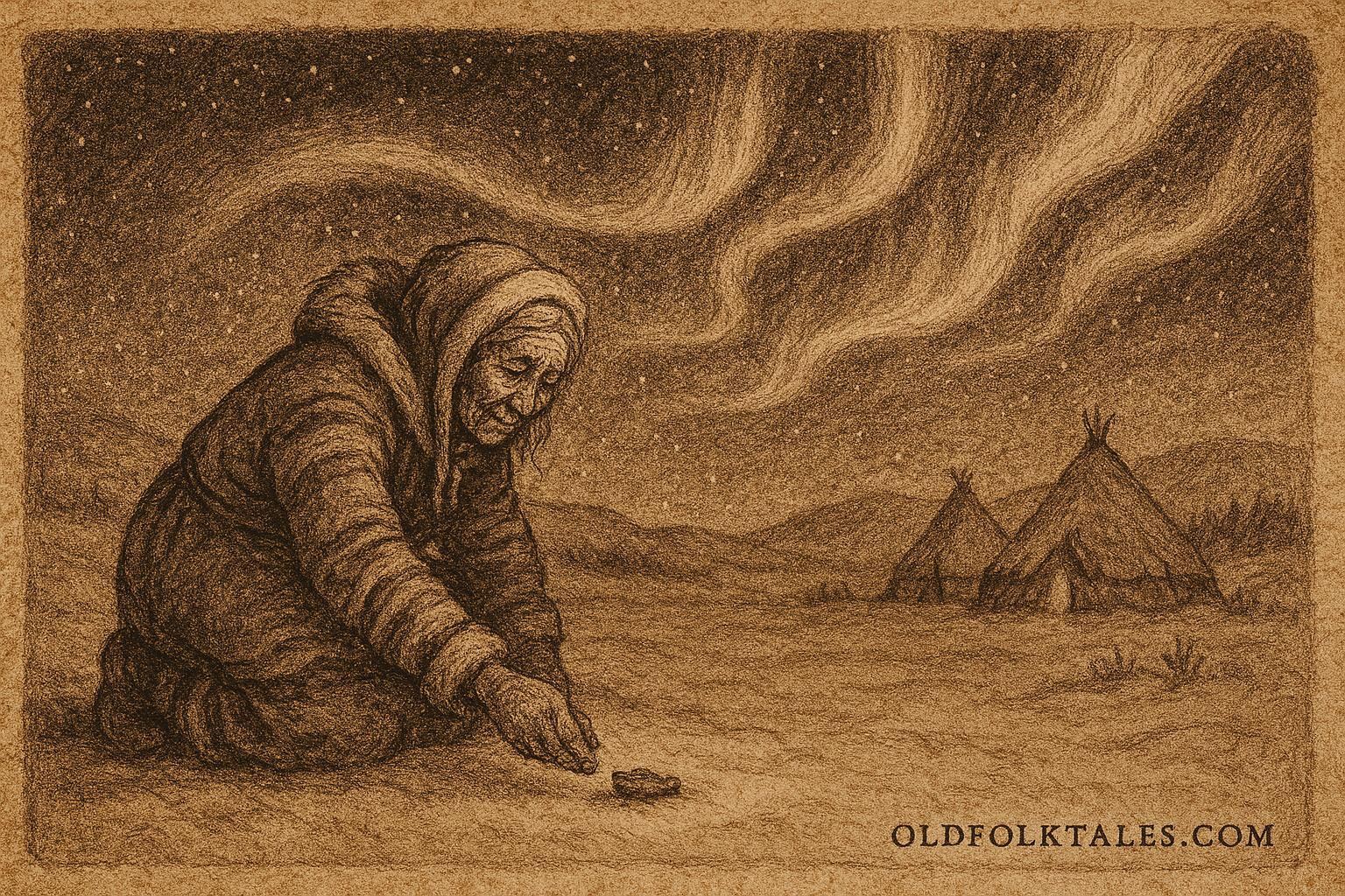 An Inuit elder offering respect to the Northern Lights, Arctic folklore scene.