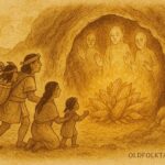 Parchment-style artwork of an Aztec family collecting golden maize in a sacred cave, Mexico.