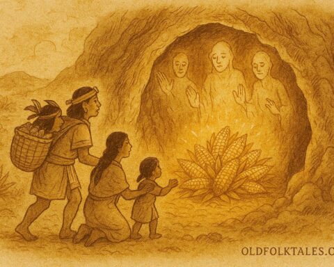 Parchment-style artwork of an Aztec family collecting golden maize in a sacred cave, Mexico.