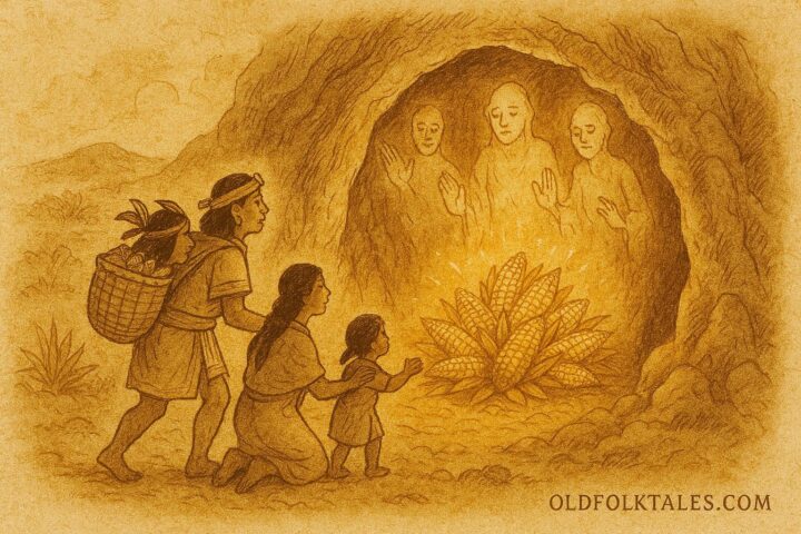 Parchment-style artwork of an Aztec family collecting golden maize in a sacred cave, Mexico.