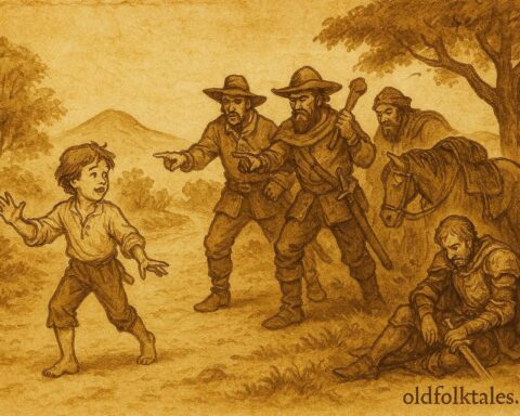 Parchment-style illustration of an orphan aiding a knight in colonial Mexico.