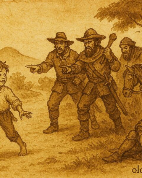 Parchment-style illustration of an orphan aiding a knight in colonial Mexico.