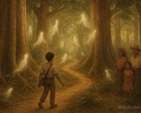 A young man walking a spirit-guided forest path, Tzotzil Maya folklore, Chiapas, Mexico.