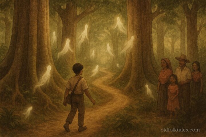 A young man walking a spirit-guided forest path, Tzotzil Maya folklore, Chiapas, Mexico.