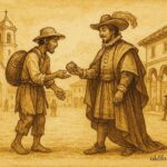Parchment-style illustration of a weaver returning a lost item in colonial Mexico.