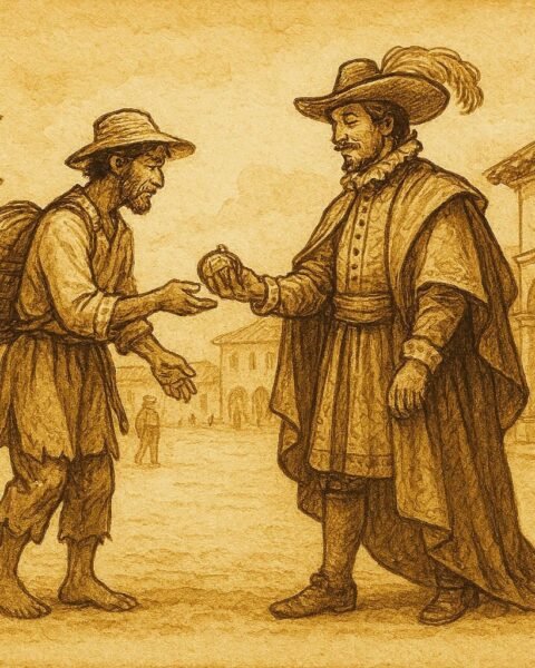 Parchment-style illustration of a weaver returning a lost item in colonial Mexico.