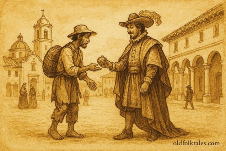 Parchment-style illustration of a weaver returning a lost item in colonial Mexico.