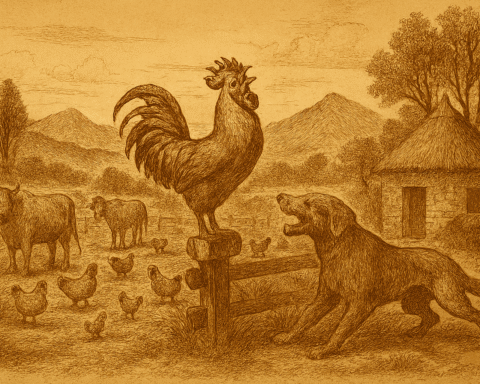 A sepia-toned illustration on aged parchment depicts a dramatic moment on an Ethiopian Highland farm. In the foreground, a proud rooster with gleaming copper feathers, a tall crimson comb, and an arched iridescent tail stands atop a wooden fence post, crowing loudly with wings slightly spread. Opposite him, a large yellow-eyed hunting dog crouches in the shade of a eucalyptus tree, its mouth open in a tense snarl and muscles coiled. An old hen watches anxiously from a distance, her posture wary. Around them, farm animals—cattle, donkeys, and chickens—observe the confrontation. In the background, round stone huts with conical thatched roofs nestle among eucalyptus trees, with rolling hills and distant mountains completing the Highland landscape. The entire scene is rendered in fine cross-hatching and stippling, evoking the texture and warmth of vintage rice parchment.