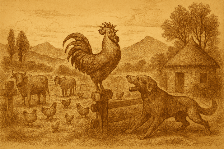 A sepia-toned illustration on aged parchment depicts a dramatic moment on an Ethiopian Highland farm. In the foreground, a proud rooster with gleaming copper feathers, a tall crimson comb, and an arched iridescent tail stands atop a wooden fence post, crowing loudly with wings slightly spread. Opposite him, a large yellow-eyed hunting dog crouches in the shade of a eucalyptus tree, its mouth open in a tense snarl and muscles coiled. An old hen watches anxiously from a distance, her posture wary. Around them, farm animals—cattle, donkeys, and chickens—observe the confrontation. In the background, round stone huts with conical thatched roofs nestle among eucalyptus trees, with rolling hills and distant mountains completing the Highland landscape. The entire scene is rendered in fine cross-hatching and stippling, evoking the texture and warmth of vintage rice parchment.