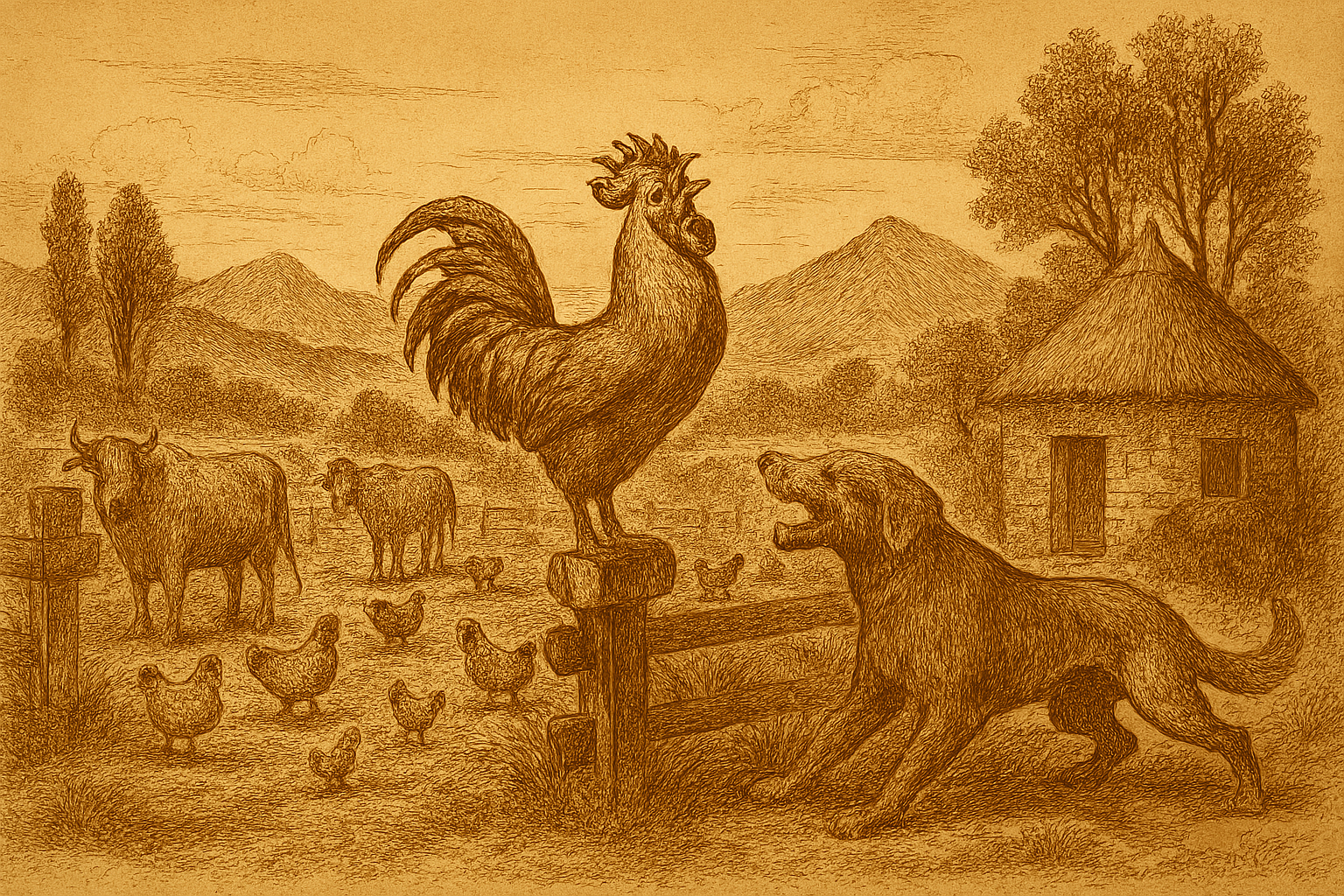 A sepia-toned illustration on aged parchment depicts a dramatic moment on an Ethiopian Highland farm. In the foreground, a proud rooster with gleaming copper feathers, a tall crimson comb, and an arched iridescent tail stands atop a wooden fence post, crowing loudly with wings slightly spread. Opposite him, a large yellow-eyed hunting dog crouches in the shade of a eucalyptus tree, its mouth open in a tense snarl and muscles coiled. An old hen watches anxiously from a distance, her posture wary. Around them, farm animals—cattle, donkeys, and chickens—observe the confrontation. In the background, round stone huts with conical thatched roofs nestle among eucalyptus trees, with rolling hills and distant mountains completing the Highland landscape. The entire scene is rendered in fine cross-hatching and stippling, evoking the texture and warmth of vintage rice parchment.