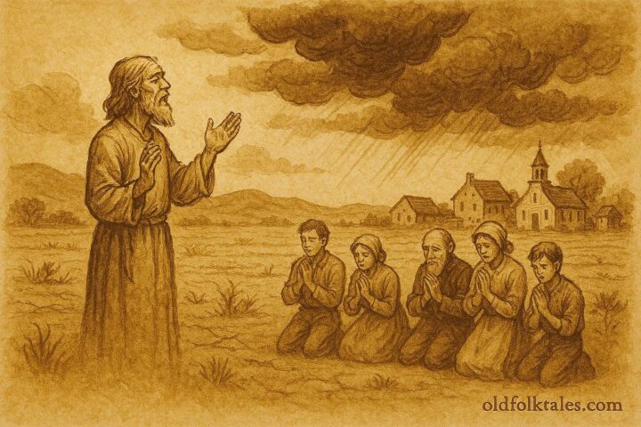 Parchment-style illustration of a rainmaker praying with villagers, Spanish Colonial Central American folktale.