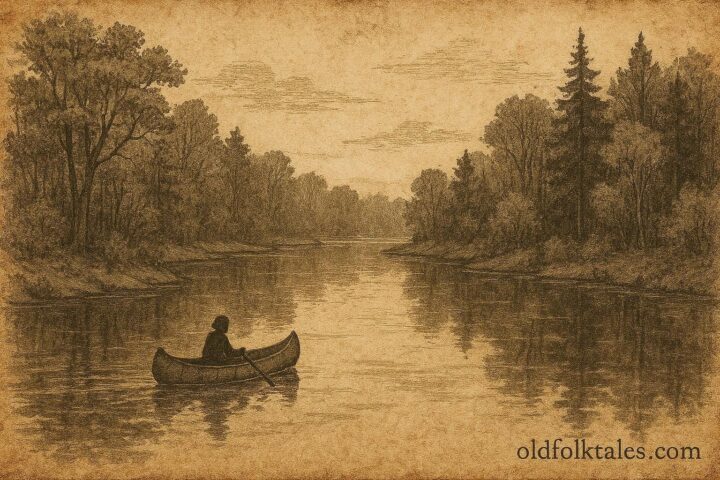 A canoe at a misty river bend from Anishinaabe folklore in Canada.