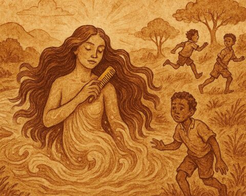 Parchment-style illustration of the River Mumma confronting children at a river in Jamaican folktale.