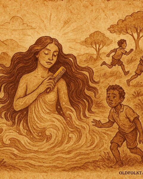 Parchment-style illustration of the River Mumma confronting children at a river in Jamaican folktale.