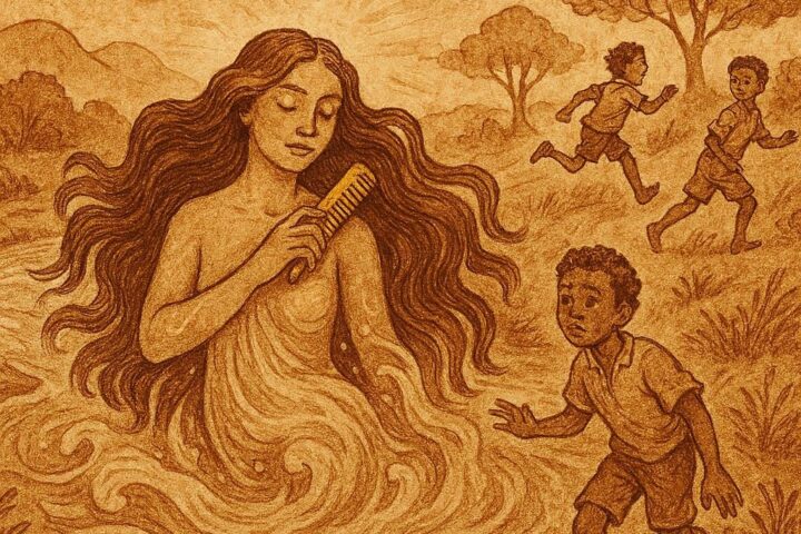 Parchment-style illustration of the River Mumma confronting children at a river in Jamaican folktale.