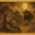 Parchment style illustration of the fiery eyed Rolling Calf phantom bull on a night road, from a Jamaican and Bahamian folktale.