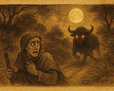 Parchment style illustration of the fiery eyed Rolling Calf phantom bull on a night road, from a Jamaican and Bahamian folktale.