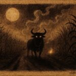 Parchment-style illustration of a glowing-eyed phantom bull on a Trinidadian night road, Afro-Caribbean folklore.