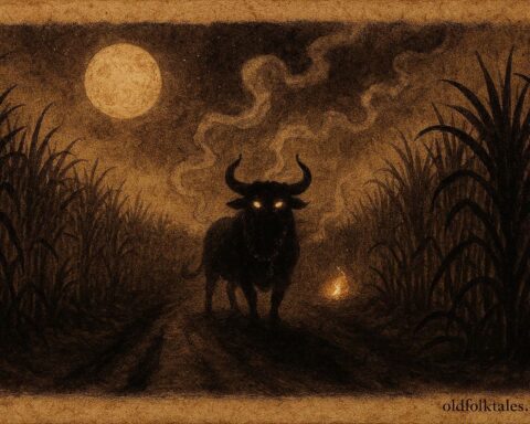 Parchment-style illustration of a glowing-eyed phantom bull on a Trinidadian night road, Afro-Caribbean folklore.