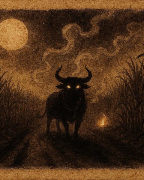 Parchment-style illustration of a glowing-eyed phantom bull on a Trinidadian night road, Afro-Caribbean folklore.
