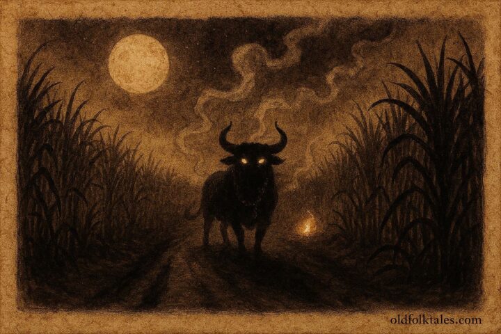 Parchment-style illustration of a glowing-eyed phantom bull on a Trinidadian night road, Afro-Caribbean folklore.