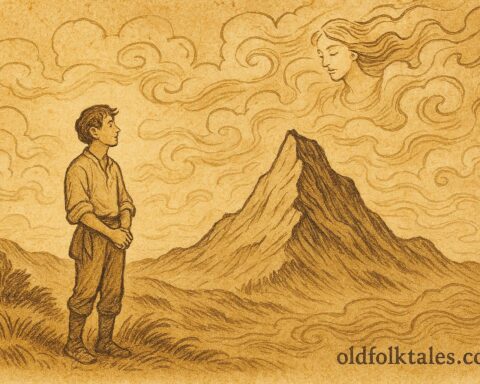 Parchment-style illustration of a young man seeking wisdom from a sacred mountain, Mexican folktale.